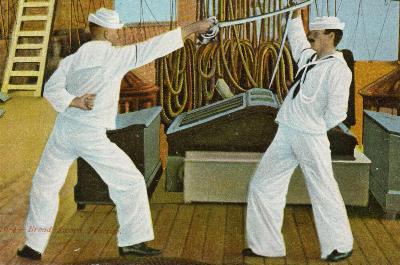 Two crewman practicing naval cutlass drill